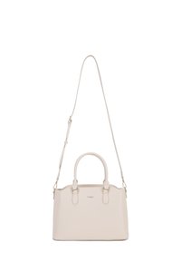 Beige leren handtas met dubbele bovenhandvatten, afneembare schouderband en gouden hardware. Heeft een gestructureerde rechthoekige vorm.