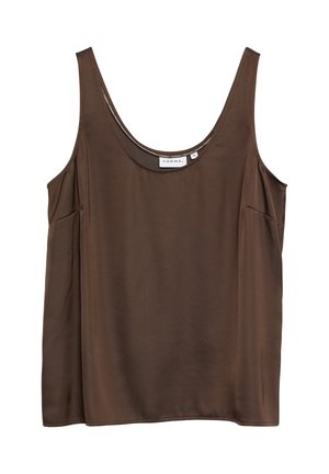Brązowa damska bluzka bez rękawów z okrągłym dekoltem, luźnym krojem i subtelnymi detalami przy bocznych szwach, rozmiar 36 marki Comma.