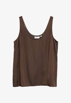 Brązowa damska bluzka bez rękawów z okrągłym dekoltem, luźnym krojem i subtelnymi detalami przy bocznych szwach, rozmiar 36 marki Comma.