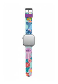 Orologio per bambini con cassa quadrata argento e cinturino colorato con personaggi dei cartoni animati e fiori tropicali su sfondo azzurro.