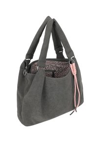 Borsa in tessuto grigio con una texture morbida, dotata di un accento rosa e di un interno a motivo. Include una cerniera e una tasca esterna.