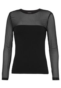 Svart långärmad topp med en genomskinlig mesh-överdel, solitt kropp, rund halsringning och figurnära design. Slät textur genomgående.