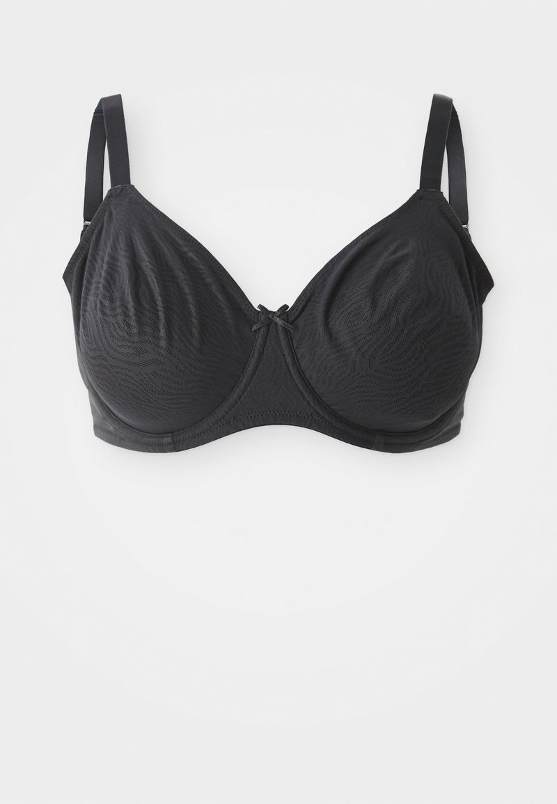 Sutiã preto com aro e textura suave, apresentando um padrão de ondas discreto, alças ajustáveis e um pequeno laço no centro.