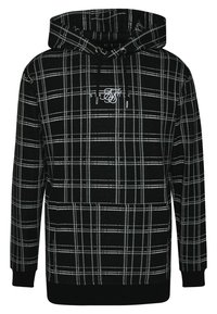 Hooded sweatshirt in black with white plaid pattern, features front pocket, drawstring hood, and ribbed cuffs. Logo on chest.