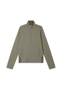 Veste vert olive avec un col haut, fermeture éclair int�égrale, deux poches avant et fentes latérales. Texture lisse avec un design minimaliste et des accents métalliques.