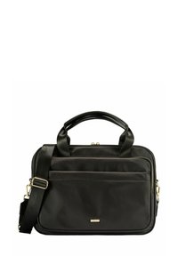 Czarna prostokątna torba na laptopa z podwójnymi uchwytami, przednią kieszenią na zamek błyskawiczny oraz regulowanym paskiem na ramię z złotymi akcentami sprzedawanymi razem.