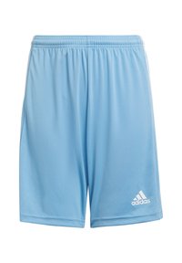 Světlé modré sportovní šortky z hladké tkaniny. Mají elastický pas a bílý logo Adidas na dolní pravé noze.