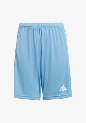Pantalones cortos deportivos de color azul claro hechos de tela suave. Presentan una cintura elástica y un logotipo blanco de Adidas en la parte inferior derecha de la pierna.