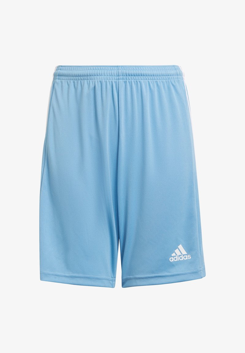 Shorts de sport bleu clair en tissu lisse. Dotés d'une taille élastique et d'un logo Adidas blanc sur la partie inférieure de la jambe droite.