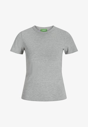 Šedé tričko s krátkým rukávem a kulatým výstřihem, vyrobené z měkké bavlněné směsi, s bezešvým designem a zelenou značkovou nášivkou uvnitř.