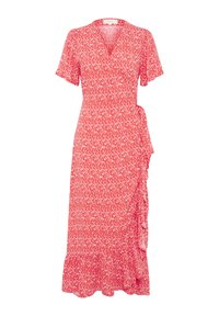 Rotes Wickelkleid mit kurzen Ärmeln, weißem abstrakten Muster, Rüschendetail an der Seite und ausgestelltem Saum. Aus leichtem, strukturiertem Stoff gefertigt.
