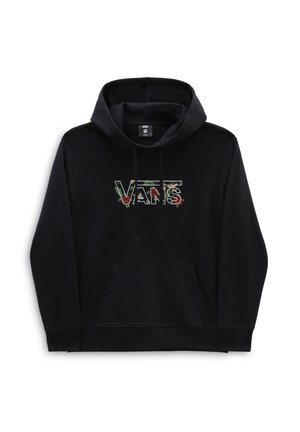 Sweat à capuche noir avec poche kangourou devant et logo « Vans » décoré de roses rouges et de feuilles vertes sur la poitrine.
