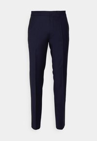 Maritieme op maat gemaakte broek van een gladde stof, met een rechte snit, riemlussen en een plooidetail aan de voorkant. Geen zichtbare zakken.