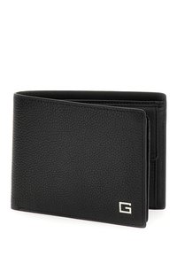 Portefeuille en cuir noir avec une finition texturée, design à rabat, emplacements de cartes visibles et un accent logo argenté dans le coin inférieur.