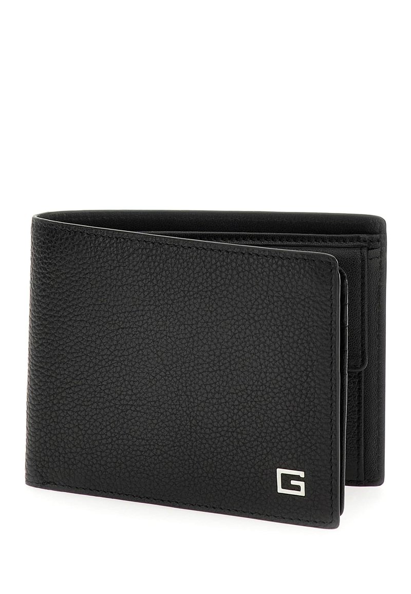 Portefeuille en cuir noir avec une finition texturée, design à rabat, emplacements de cartes visibles et un accent logo argenté dans le coin inférieur.