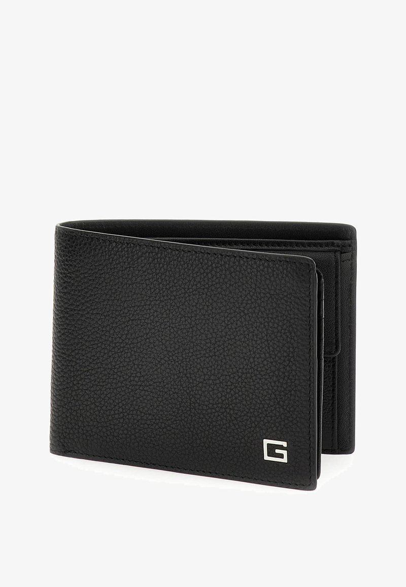 Portafoglio in pelle nera con finitura testurizzata, design a portafoglio bi-fold, scomparti per carte visibili e un accento in logo argentato nell'angolo in basso.