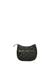Borsa nera in pelle trapuntata con forma arrotondata, dotata di una tasca frontale con zip e dettagli in metallo argentato. Texture liscia con motivo a diamante.