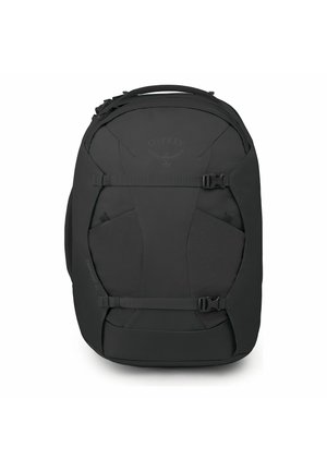 Zaino da viaggio Black Osprey Farpoint 40 con maniglia superiore, due cinghie di compressione e scomparti laterali con zip, mostrato da vista frontale.