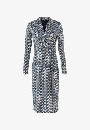 Long-sleeve wrap dress in navy with a geometric beige pattern, featuring a collar and smooth fabric texture.