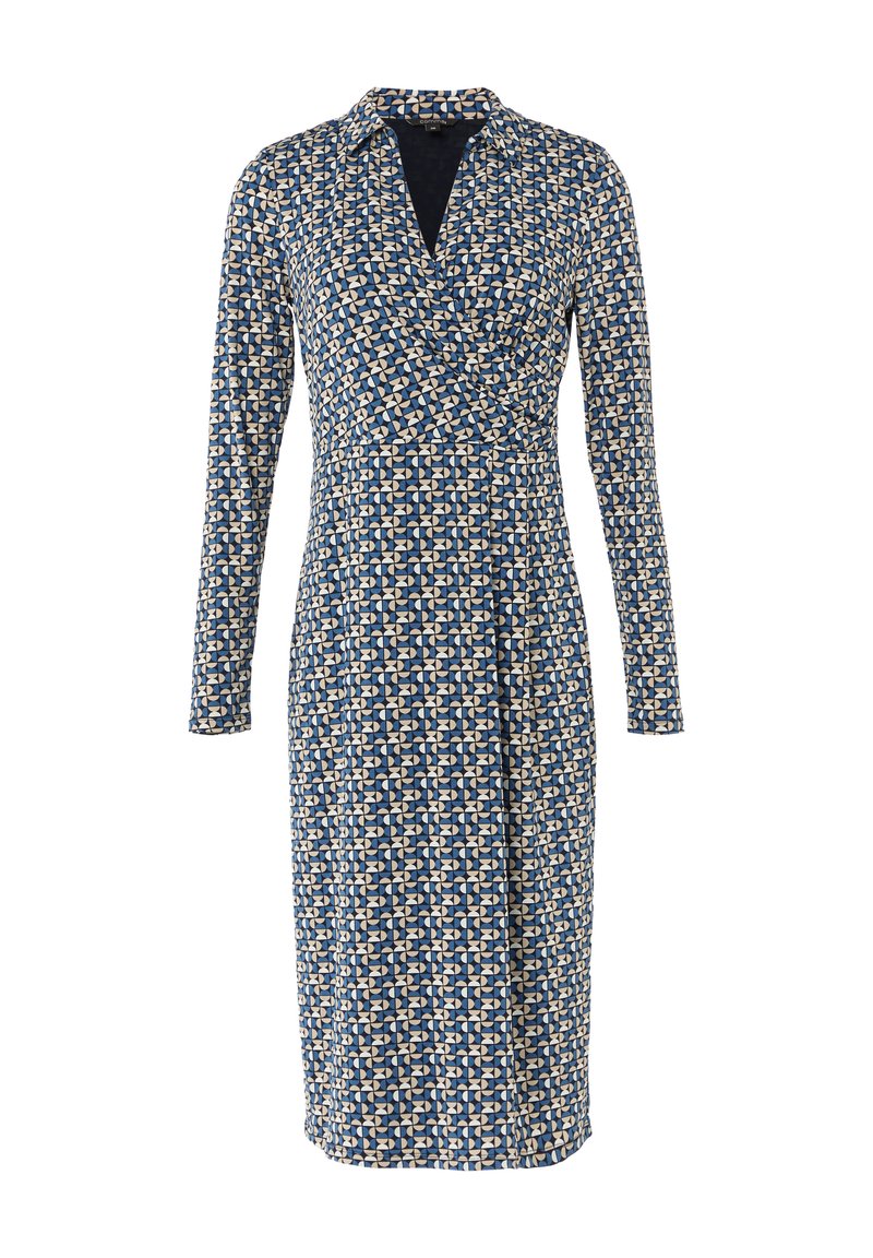 Langärmliges Wickelkleid in Marineblau mit einem geometrischen beigen Muster, ausgestattet mit einem Kragen und einer glatten Stofftextur.
