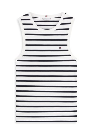 Biele tielko bez rukávov s čiernymi horizontálnymi pruhmi a malým logom Tommy Hilfiger na hrudi.