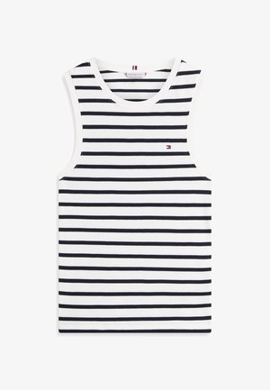 Biele tielko bez rukávov s čiernymi horizontálnymi pruhmi a malým logom Tommy Hilfiger na hrudi.