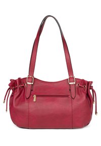 Roodleren handtas met een slouchy ontwerp, verstelbare trekkoorddetails, gouden hardware en een ritssluiting aan de voorkant.