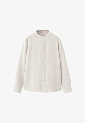 Chemise à manches longues, boutonnée, avec fines rayures verticales beige et blanches, col rond et manches avec poignets, étalée à plat sur un fond blanc.