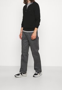 Schwarzer Zip-Kapuzenpullover, graues T-Shirt darunter, graue gerade geschnittene Hose und schwarz-weiße Sportschuhe. Schlichtes und lässiges Design.