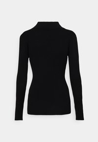Pull noir en maille côtelée à manches longues avec col montant, taille cintrée, vu de dos sur un fond gris clair uni.