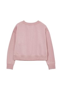 Sweatshirt cropped rosa chiaro con maniche lunghe, polsini e orlo a costine. Texture morbida, scollatura rotonda, design semplice senza loghi visibili.