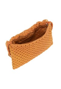 Borsa all'uncinetto arancione con tessuto testurizzato, dotata di chiusura con zip e fodera interna liscia. Include un manico attorcigliato.