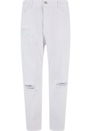 Hvide denimjeans med en afslappet pasform, der har to slidte knælapper og en frontknaplukning. Glat tekstur og klassisk fem-lomme design.