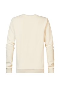 Pull à manches longues couleur crème avec col rond, poignets et ourlet côtelés, présenté de dos sur fond blanc.