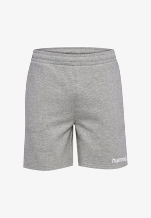 Gray cotton shorts with an elastic waistband, a relaxed fit, and a white logo detail on the lower left front.