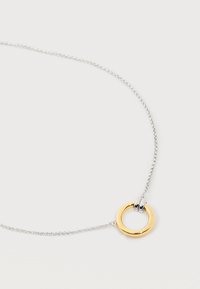 Ασημένιο κολιέ αλυσίδα με ένα μικρό χρυσό κυκλικό μενταγιόν και δύο μικρούς ασημένιους δακτυλίους προσαρτημένους στο μενταγιόν σε λευκό φόντο.
