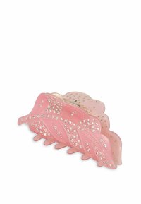 Clip à cheveux rose avec un design de feuille, comportant des strass clairs à l'avant et une finition lisse et brillante. Plusieurs formes superposées visibles.