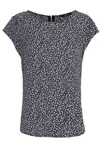 Bluse mit floralem Muster in Schwarz, verziert mit kleinen blauen und weißen Blumen, mit kurzen Ärmeln und einem Reißverschluss auf der Rückseite. Glatte Stofftextur.