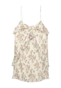 Blusa floral con fondo crema, que presenta volantes en el escote y el dobladillo, tirantes delgados ajustables y una tela ligera y texturizada.