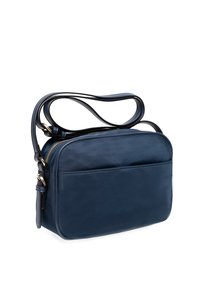 Borsa a tracolla sintetica blu navy con forma arrotondata, strap singolo regolabile, chiusura a zip e tasca frontale con texture liscia.