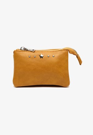 Tan leather zip pouch with a star accent and three silver studs on the front. Features a zipper closure and an attached wrist strap.