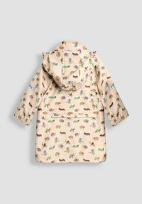 Hellbeige wasserdichte Jacke mit Kapuze, die bunte Käfer- und Blumenmuster zeigt. Strukturierter Stoff mit einer Rücken- tasche und rüschendetails.