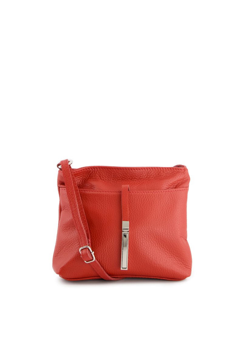 Red leather crossbody bag with a textured finish, featuring a removable strap and a front zip pocket with a silver accent.