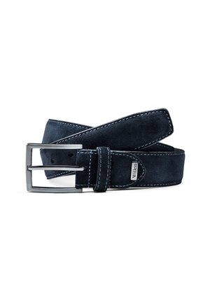 Navy blue suede belt featuring white stitching and a silver metal buckle. The belt has a smooth texture and includes a brand tag detail.