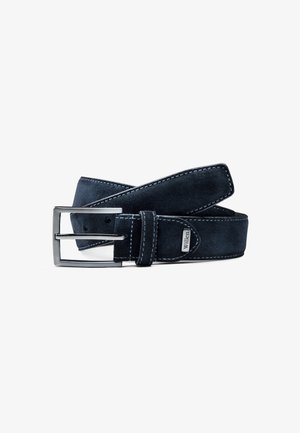 Navy blue suede belt featuring white stitching and a silver metal buckle. The belt has a smooth texture and includes a brand tag detail.