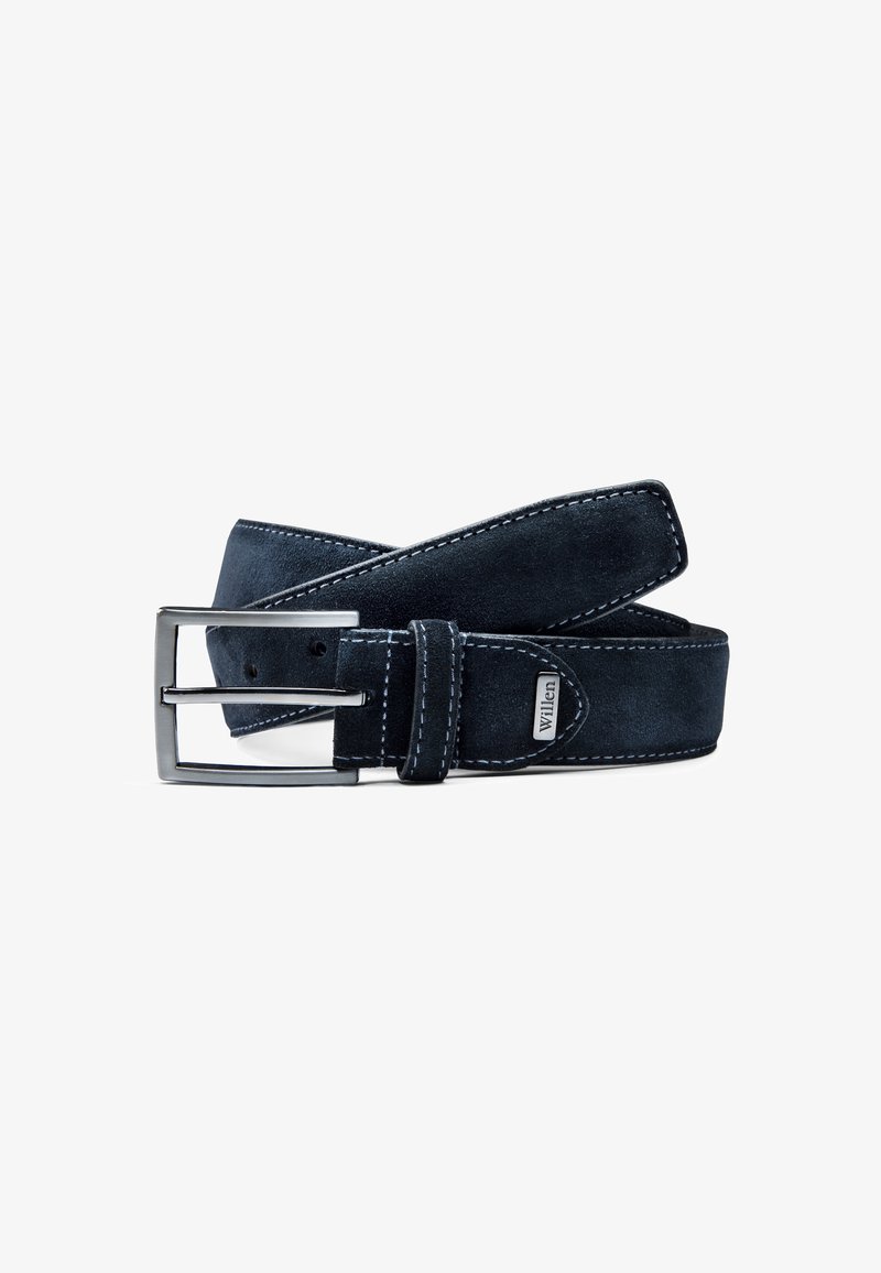 Navy blue suede belt featuring white stitching and a silver metal buckle. The belt has a smooth texture and includes a brand tag detail.