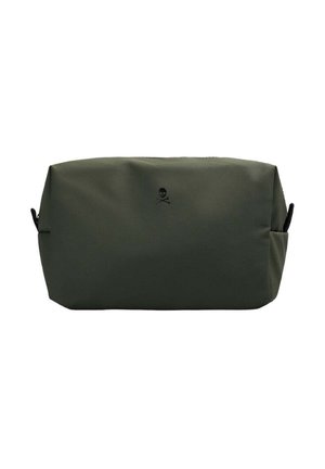 Bolsa rectangular verde hecha de un tejido duradero, con un diseño simple, superficie texturizada y un pequeño logo de calavera centrado en la parte delantera.