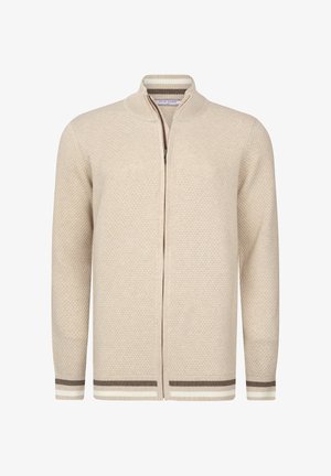 Cremfarbener Cardigan mit strukturiertem Strickmuster, Reißverschluss und gerippten Säulen mit braunen und weißen Streifen. Hochkragen-Design.