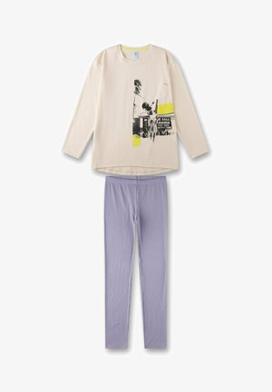 Une chemise longue à manches en crème clair avec un imprimé graphique et un accent jaune, associée à des leggings rayés lavande. Le tout est fabriqué en tissu doux.