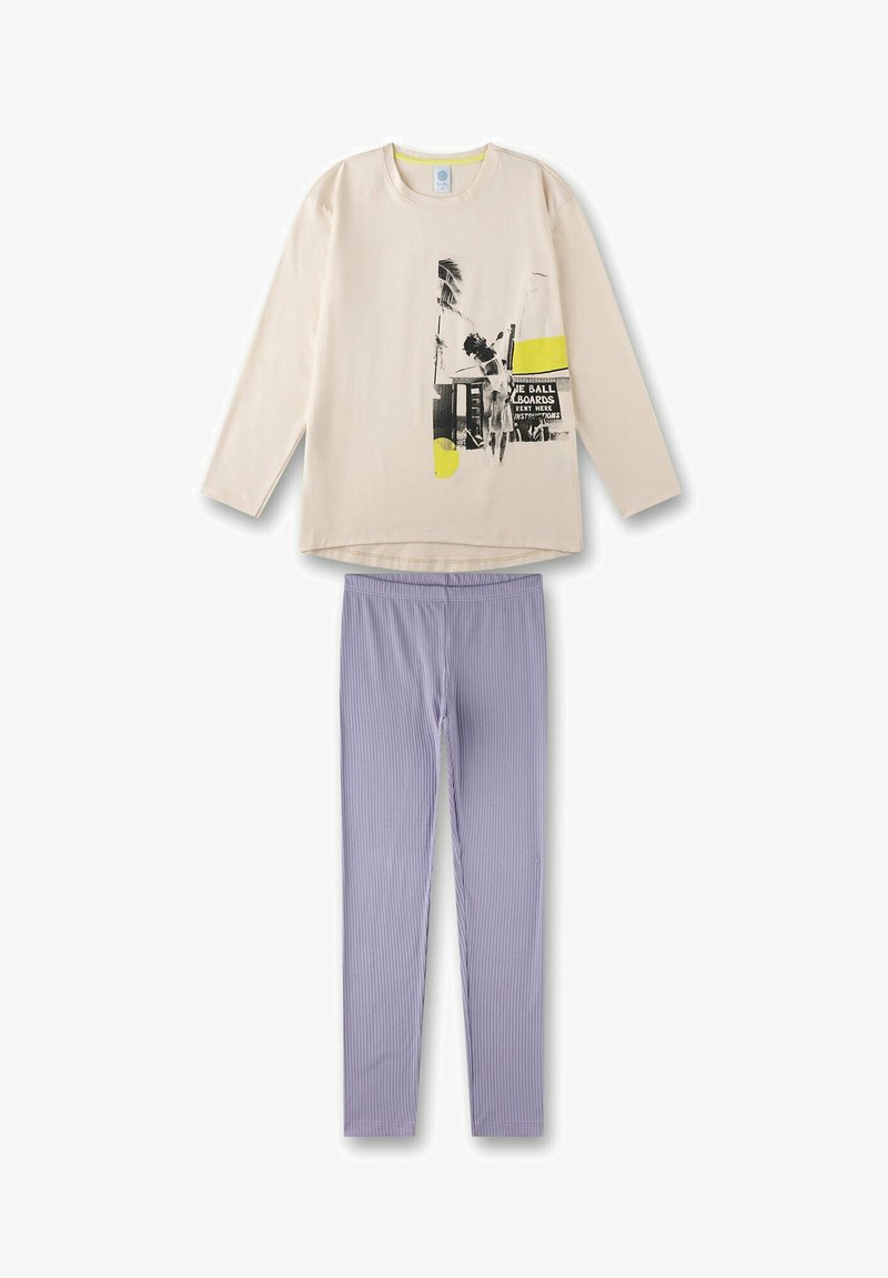 Light cream long-sleeve shirt with graphic print and yellow accent paired with lavender striped leggings. Both are made of soft fabric.